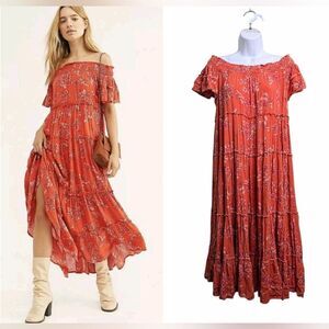 Free People Barclay Maxi Dress Sz M Off The Shoulder Tiered Floral Orange Boho